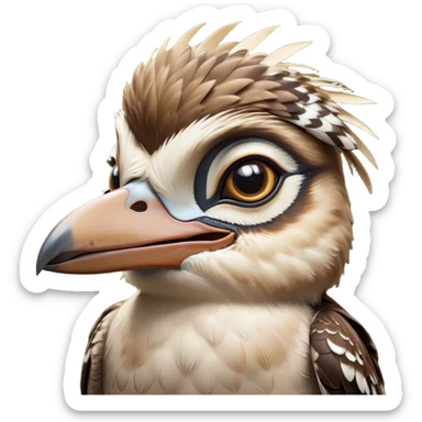 Cinematic Comical Kookaburra Portrait Emoji, Head tilted dramatically with an exaggeratedly amused expression, featuring a strikingly patterned brown and cream plumage with wide, expressive eyes filled with playful disbelief, Simplified yet hilariously expressive features, highly detailed, glowing with a slightly sassy glow, high shine, dramatic yet playful, stylized with an air of cheeky bushland mischief, bright and endearing, soft glowing outline, capturing the essence of a spirited and over‐the‐top kookaburra, so meme‐worthy it feels like it could cackle its way into internet fame instantly! sticker