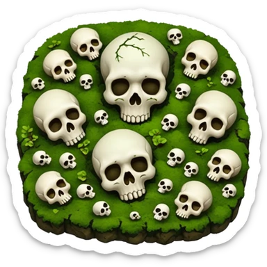 A creepy moss covered ground with skulls from a top down perspective. In the style of your bleeding skull art. sticker
