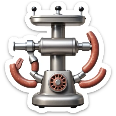 sausage-processing droid. retro-futuristic style. top is a circular industrial meat grinder with rotating gears and blades. Two robotic arms feed material into grinder. Sausage links extrude from the rear like  factory. The body is metallic, compact, and floats above the ground.no legs. Dark humor sticker