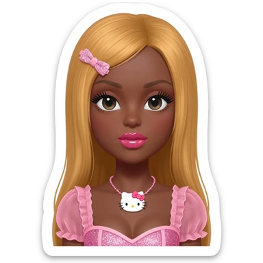 heart shaped lips, cute glossy lips, doll eyes with long lashes, dark brown skin, honey blonde hair, big chest, hello kitty necklace, one bow clip, bimbocore outfit sticker