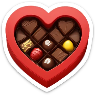 A heart shaped red chocolate box with a lid opened to reveal some chocolates inside sticker