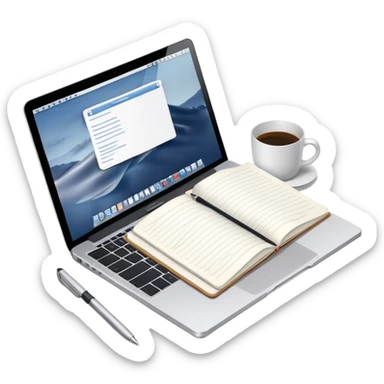 top view of a MacBook, open notebook with notes, and pen beside them sticker