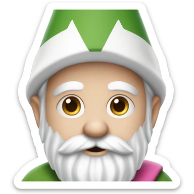 gnome with white sharp hat, white beard, white eyebrow, white mustag, green cape and pink net for catching butterflies sticker