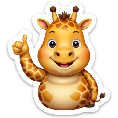 Cartoon short, fat dwarf cute giraffe with a big smile, giving a big thumbs-up sticker