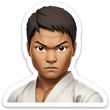 ​Cinematic Realistic Portrait of Tony Jaa, a close-up depiction capturing his intense, determined expression and finely detailed features, rendered with dramatic natural lighting that emphasizes his rugged athleticism and unmistakable martial arts presence, sticker