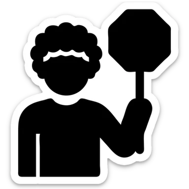 brunette person with curly hair holding a stop sign, solid filled icon sticker