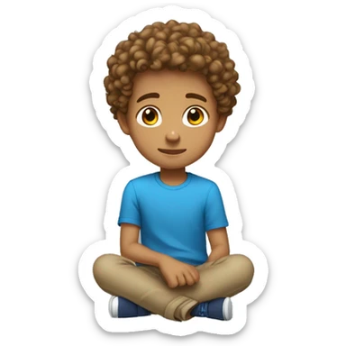 boy with blue shirt light skin and light brown curly hair sitting down facing to the right full body sticker