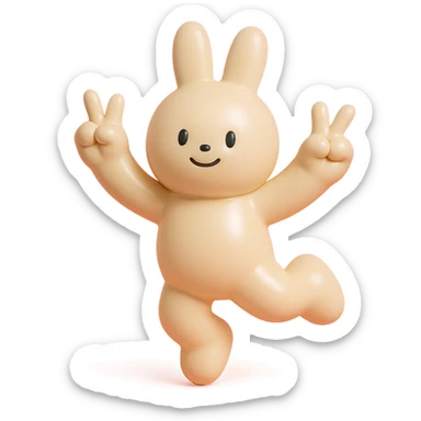 beige bunny jumping and making peace signs, vinyl figure style, smooth and shiny surface sticker