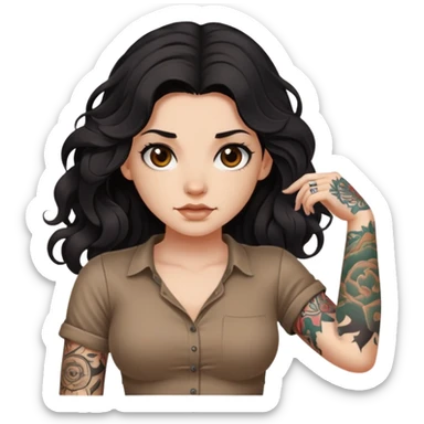 A girl with fair skin and a little fat - long black hair with big waves - tattoos on her upper arms - wearing a brown navel-revealing short-sleeved shirt sticker