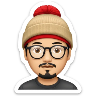 Asian man with black goatee, glasses, wearing a small red beanie sticker