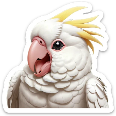 Cinematic Cute Yawning Cockatoo Portrait Emoji, Head tilted slightly with a dramatic, wide-open yawn, showcasing a plump, feathered body with a softly drooping crest and sleepy, half-closed eyes, Simplified yet irresistibly adorable features, highly detailed, glowing with a soft, cozy tropical glow, high shine, relaxed yet expressive, stylized with a dash of whimsical avian charm, soft glowing outline, capturing the essence of a drowsy yet affectionate cockatoo that appears ready to stretch out and yawn its way off the screen! sticker