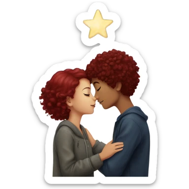 girl with burgundy hair kissing a boy with curly short hair under a sky of star sticker