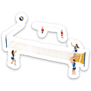 A close-up of a volleyball on the court, with the net in focus and the court markings visible. The background shows the stands filled with spectators, creating an energetic atmosphere of a volleyball match, with attention to detail on the equipment and the surrounding environment. sticker