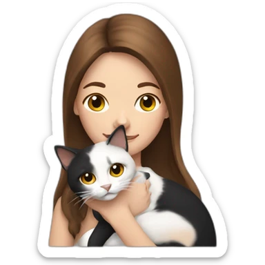 A white woman with long brown hair holding a black and white cat sticker