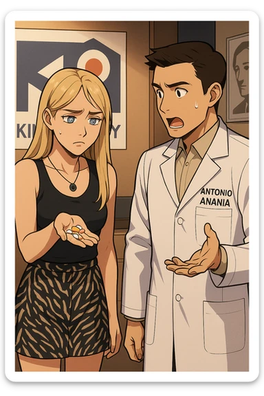 fai un webtoon/manga a colori con questo kinesiologo in camice bianco (fagli la scritta "ANTONIO ANANIA" SUL CAMICE) CHE PARLA CON QUESTA RAGAZZA CON GLI OCCHI AZZURRI. LA RAGAZZA HA UN PUGNO DI INTEGRATORI IN MANO (TANTE PILLOLE DIVERSE) E LE GUARDA DUBBIOSA. IL KINESIOLOGO CON IL CAMICE BIANCO LE DOMANDA UNA COSA SCIOCCATO. NON FARE I FUMETTI, FAI SOLO LORO COME SE DIALOGASSERO sticker