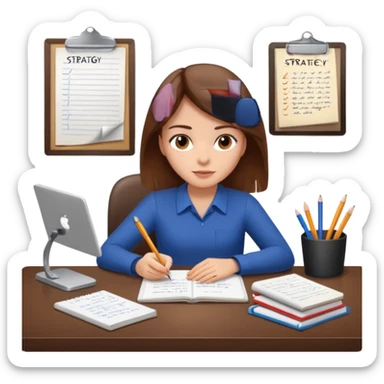 a girl with brown hair on a desk writing on a note book with a lot of papers around and on the papers is writing business strategy  sticker
