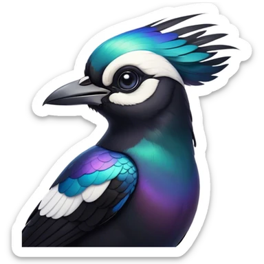 Cinematic Noble Magpie Portrait Emoji, Poised and sleek, with striking, iridescent black and white plumage, a sharp, inquisitive beak, and intense, observant eyes, Simplified yet sharp and sophisticated features, highly detailed, glowing with a soft, urban gleam, high shine, intelligent and graceful, stylized with an air of mischievous charm, focused and alert, soft glowing outline, capturing the essence of a watchful and confident magpie that appears ready to dart out of the screen with effortless authority! sticker