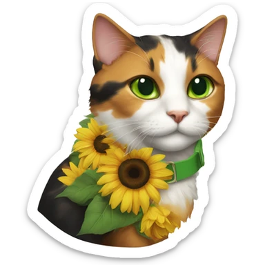 calico cat with green eyes and sunflower collar sticker