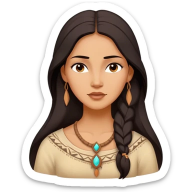 Cinematic Serene Pocahontas Portrait Emoji, rendered in a realistic, simplified vector style. Depict a gentle Pocahontas (chest and above) with warm, glowing skin, loosely flowing dark hair, and a calm, reflective expression, wearing modest traditional attire in earthy hues. The image is bathed in a soft, inviting glow with high shine and a soft glowing outline. sticker
