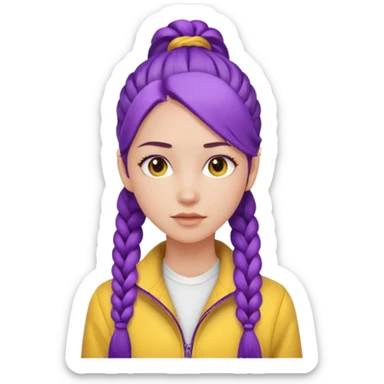 a beautiful girl face, long purple high pony braided hair from the forehead, wearing a white shirt and a yellow jacket sticker