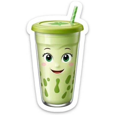 un vaso de batido animado, de caricatura, con tapa y pitillo, que tenga brazos y piernas, cara tierna y que inspire confianza y amabilidad sticker