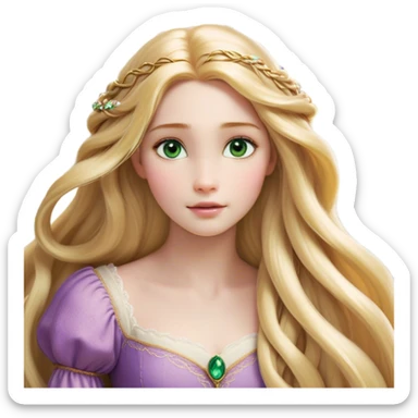 Cinematic Realistic Rapunzel Portrait, with porcelain-like skin featuring a subtle, natural glow, illuminated by soft lighting that brings out the gentle contours of her face. Her long, golden blonde hair cascades in detailed waves, each strand highlighted with a radiant shimmer as it catches the light. Her bright, expressive green eyes exude curiosity and warmth, framed by delicate lashes and soft, arched brows. Her expression is playful and vibrant, with a gentle smile. She is dressed in her classic lavender and pink gown, the fabric textured with delicate folds that flow naturally, catching the light with a soft, radiant glow. The portrait captures a luminous, enchanting aura, seamlessly blending realism with a whimsical, fairytale charm, evoking a timeless sense of beauty and magic. sticker