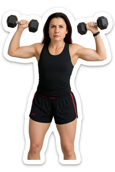 Allenamento ad alta intensità donna mentre fa pesi con in mano due manubri sticker