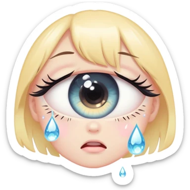 Cute anime-style crying girl eye, big round eye with a teardrop falling down, sparkly pupil, long lashes, soft pastel colors, kawaii emoji aestheti sticker
