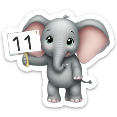 Animated baby elephant holding a sign with the words "#1 Fan" on it sticker