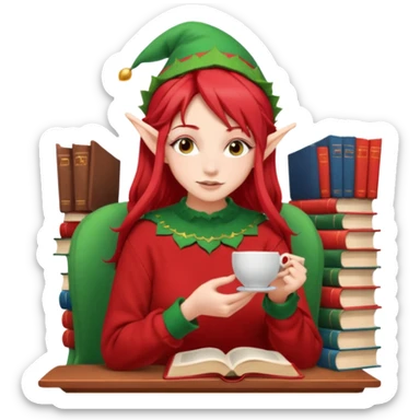 Red hair girl with elf ears sipping tea with a stack of books beside her . She’s wearing the red oversized sweater  sticker