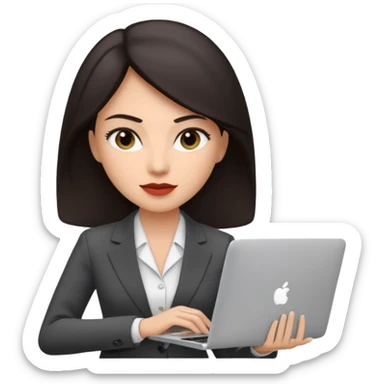Sales women specialist in shipping with dark hair with suits and MacBook  sticker