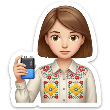 A Ukrainian girl with brown hair in an embroidered shirt holds a battery sticker