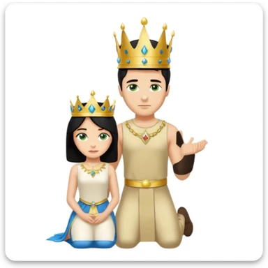 Man as king, standing, black Hair, blue eyes, simple woman, blonde, green eyes, shott white sleveless Dress, kneeling, background palace sticker