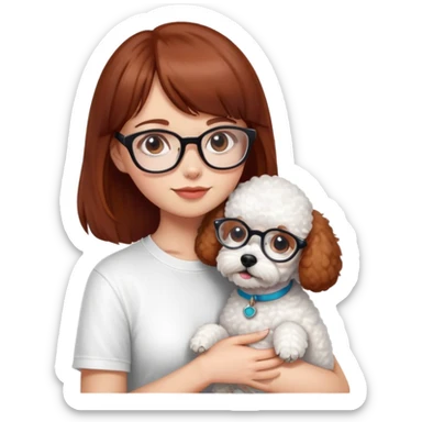 Mahogany haired girl with bangs, white glasses and a white t-shirt hugging a toy poodle dog sticker