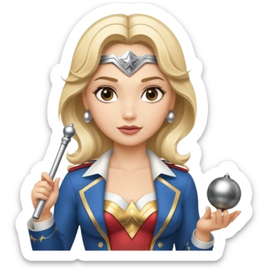 Blonde Wonder Woman holding bell and short white orchestra conductor’s baton  sticker