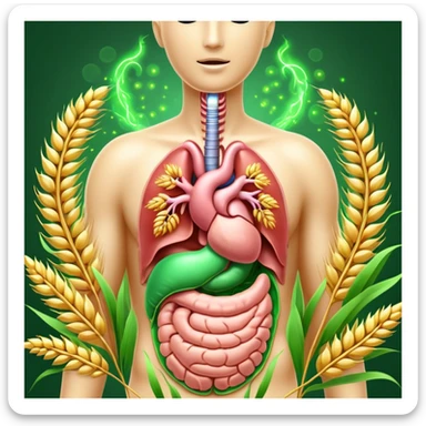 Human digestive system with esophagus, stomach, intestines, and colon highlighted, surrounded by golden wheat ears and green leaves, with glowing healing particles flowing through the digestive tract, creating a purifying effect sticker