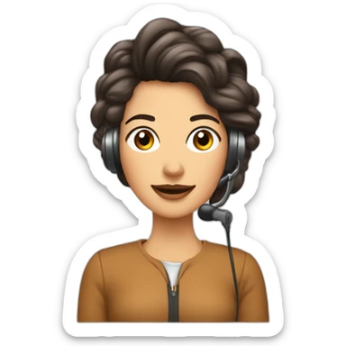 Mujer pelo crespo con canas en las chasquillas con audífonos y un microfono tipo podcast sticker