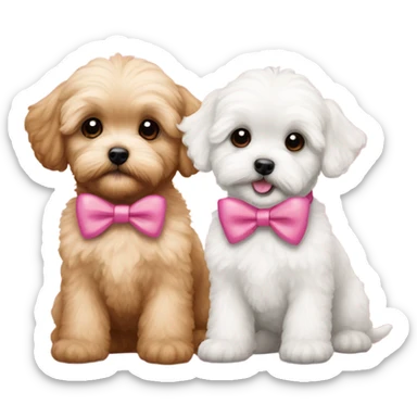 2 maltipoo puppies one golden red colored and one brown colored both with pink bows sticker