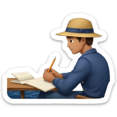 Mans op heuvel aan hetschrijven, terwijl overkant meer varen in midden van storm sticker