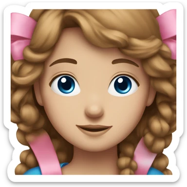 girl with long brown hair and blue eyes with a pink bow in her hair sticker