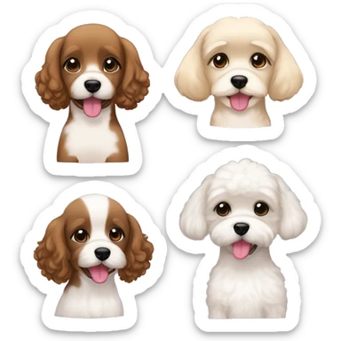 a young spanish woman with brown wavy hair bob cut and 1 little dog black with floppy ears, other black with ears up, bichon maltes and other color blonde floppy ears and showing tongue  sticker