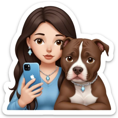 ￼ a young girl with long dark brown hair cascading down her face. It’s with her phone in her hands, sitting next to her pitbull with a small diamond nose ring in her nose. sticker