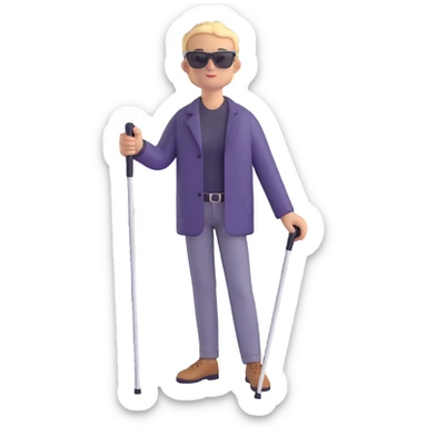 A blind person walking with a white cane, wearing sunglasses, outdoors, daytime. Focus on the cane and posture that indicates visual impairment. sticker