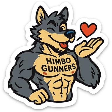 muscular wolf furry, shirtless, with 'Himbo Gunners' tattooed on his chest, blowing a kiss and winking, confident and fun, detailed fur and anatomy, ultra high quality sticker