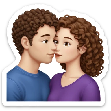 A couple kissing, the man would be white-skinned, mid fade-curly, brown-hair. The serious woman with white skin, brown color sticker