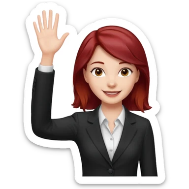 reate Emoji of white girl with bussines outfit is waveing with one hand and make her hair stronger dark red color please sticker