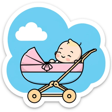 peaceful sleeping baby with closed eyes in pink and beige stroller with pastel blue clouds decoration sticker