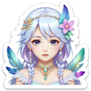 Beautiful gorgeous anime lady with beautiful iridescent-white-special-hair, fashion aesthetic, ethereal, fairycore, pastelcore, feather, flower, gems, accessories, jewelries, gold, colorful sticker