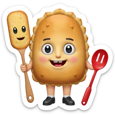cute empanada emoji, golden brown with crimped edge, big sparkling eyes, two square teeth, blushing cheeks + freckles, red tie, holding spatula, short chubby arms and legs, thick black outline, SpongeBob + Adventure Time style, transparent background sticker