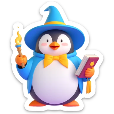 chubby penguin in wizard attire, holding an open spellbook, magical aura around, 3D emoji style sticker